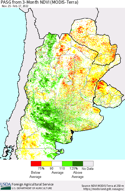Southern South America PASG from 3-Month NDVI (Terra-MODIS) Thematic Map For 2/11/2022 - 2/20/2022