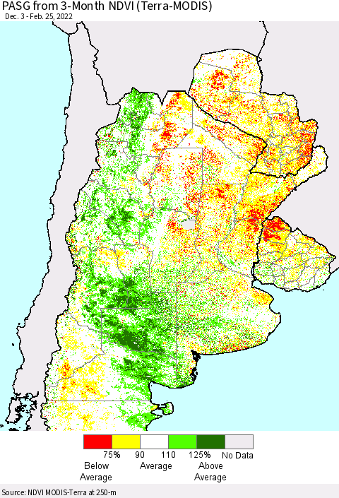 Southern South America PASG from 3-Month NDVI (Terra-MODIS) Thematic Map For 2/18/2022 - 2/25/2022