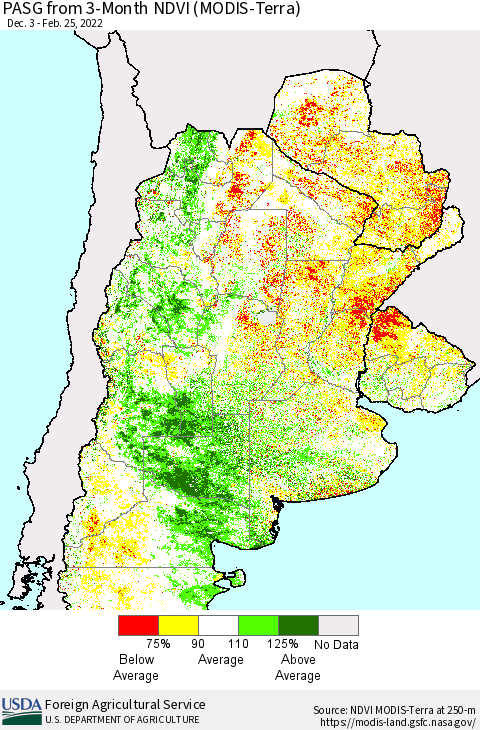 Southern South America PASG from 3-Month NDVI (Terra-MODIS) Thematic Map For 2/21/2022 - 2/28/2022