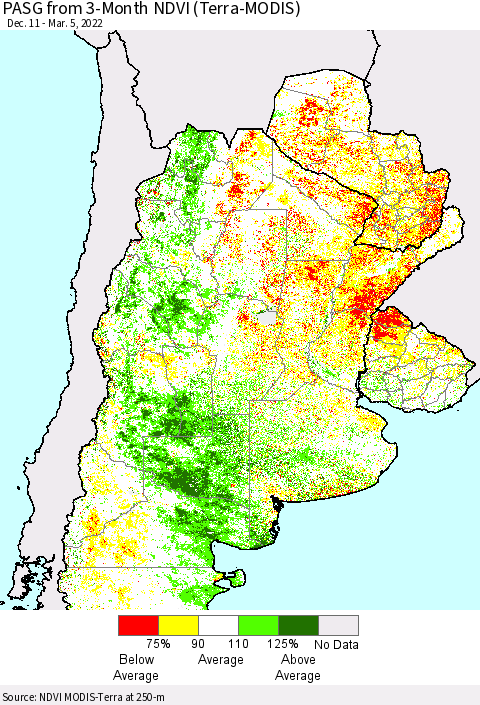 Southern South America PASG from 3-Month NDVI (Terra-MODIS) Thematic Map For 2/26/2022 - 3/5/2022