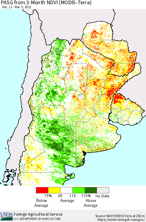 Southern South America PASG from 3-Month NDVI (Terra-MODIS) Thematic Map For 3/1/2022 - 3/10/2022