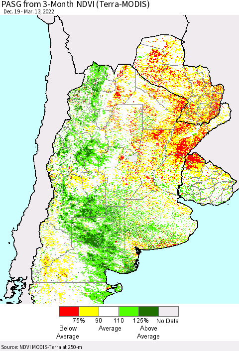 Southern South America PASG from 3-Month NDVI (Terra-MODIS) Thematic Map For 3/6/2022 - 3/13/2022