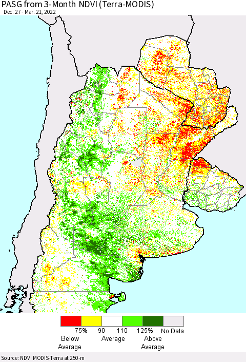 Southern South America PASG from 3-Month NDVI (Terra-MODIS) Thematic Map For 3/14/2022 - 3/21/2022