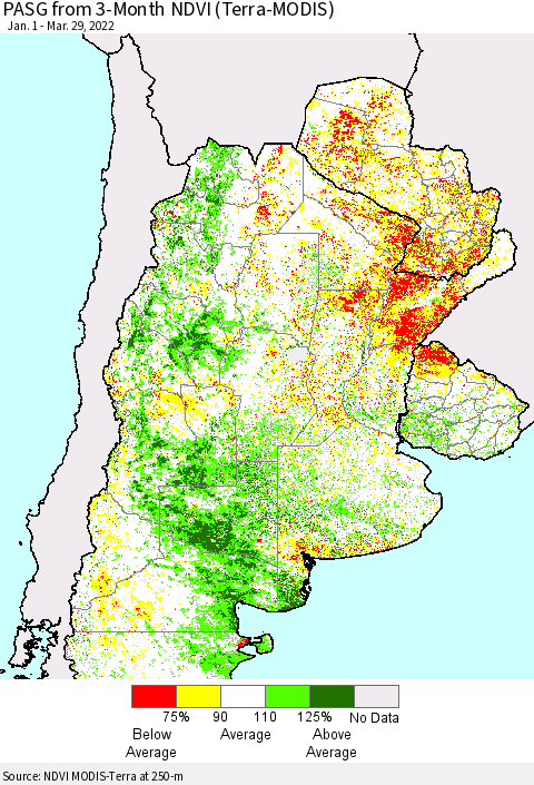 Southern South America PASG from 3-Month NDVI (Terra-MODIS) Thematic Map For 3/22/2022 - 3/29/2022