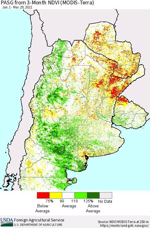Southern South America PASG from 3-Month NDVI (Terra-MODIS) Thematic Map For 3/21/2022 - 3/31/2022