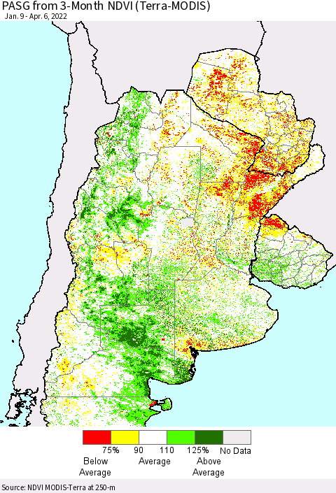 Southern South America PASG from 3-Month NDVI (Terra-MODIS) Thematic Map For 3/30/2022 - 4/6/2022