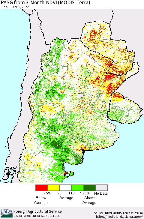 Southern South America PASG from 3-Month NDVI (Terra-MODIS) Thematic Map For 4/1/2022 - 4/10/2022