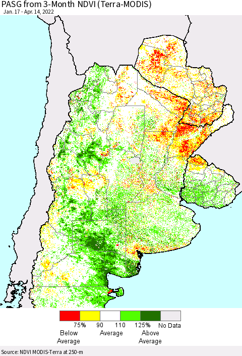 Southern South America PASG from 3-Month NDVI (Terra-MODIS) Thematic Map For 4/7/2022 - 4/14/2022