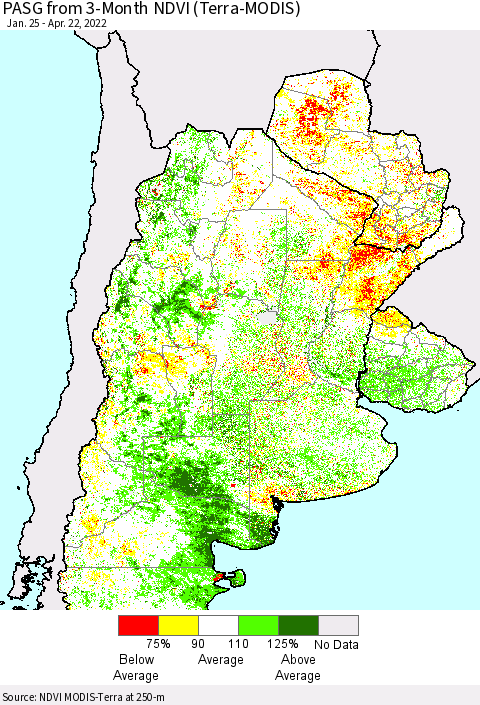 Southern South America PASG from 3-Month NDVI (Terra-MODIS) Thematic Map For 4/15/2022 - 4/22/2022