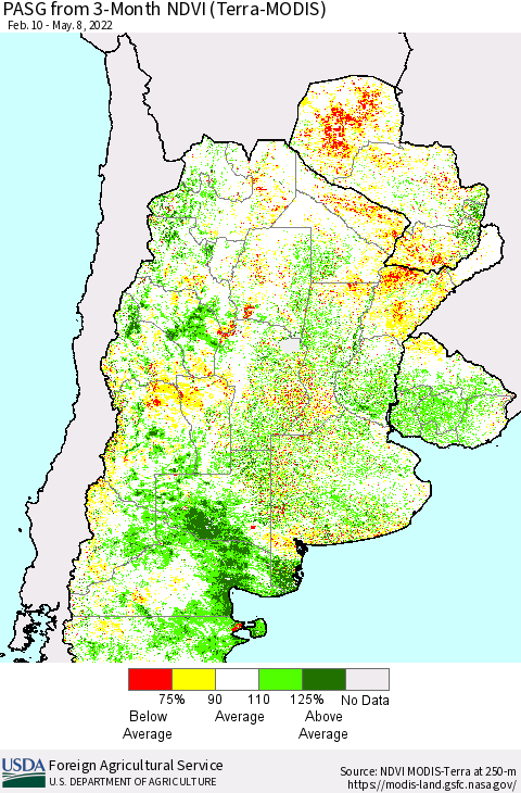Southern South America PASG from 3-Month NDVI (Terra-MODIS) Thematic Map For 5/1/2022 - 5/10/2022