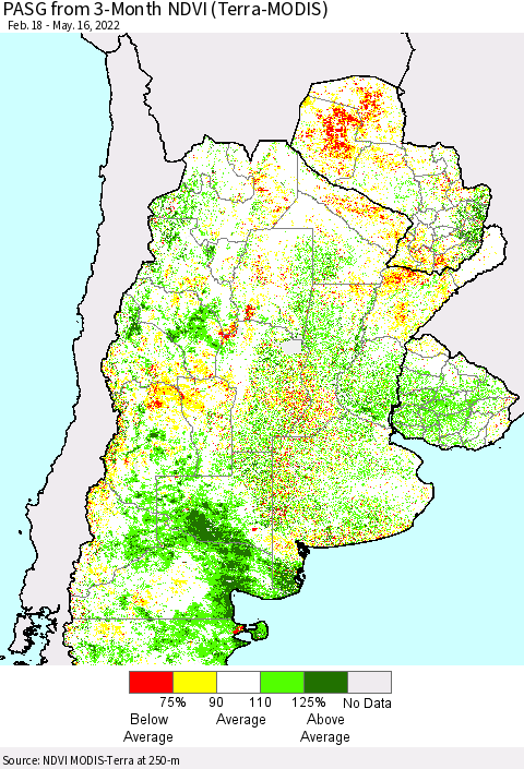 Southern South America PASG from 3-Month NDVI (Terra-MODIS) Thematic Map For 5/9/2022 - 5/16/2022