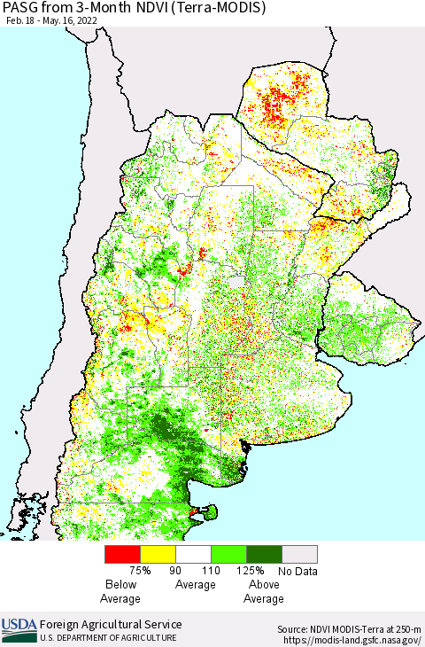 Southern South America PASG from 3-Month NDVI (Terra-MODIS) Thematic Map For 5/11/2022 - 5/20/2022