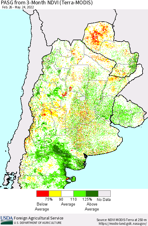 Southern South America PASG from 3-Month NDVI (Terra-MODIS) Thematic Map For 5/21/2022 - 5/31/2022