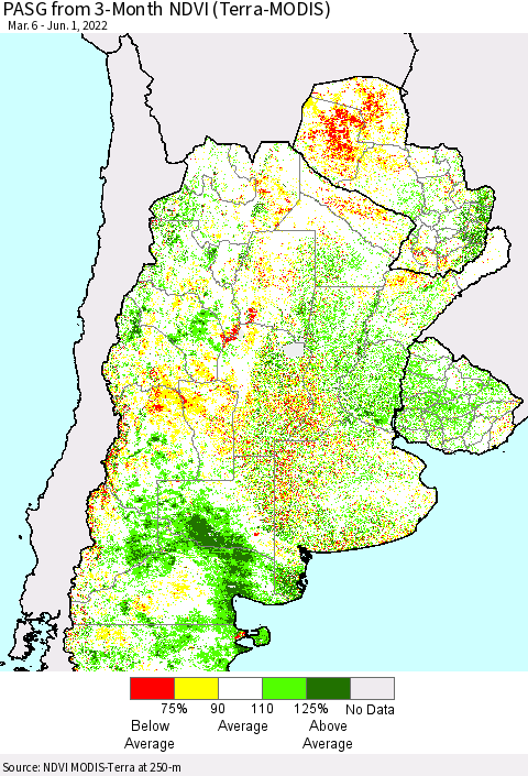 Southern South America PASG from 3-Month NDVI (Terra-MODIS) Thematic Map For 5/25/2022 - 6/1/2022