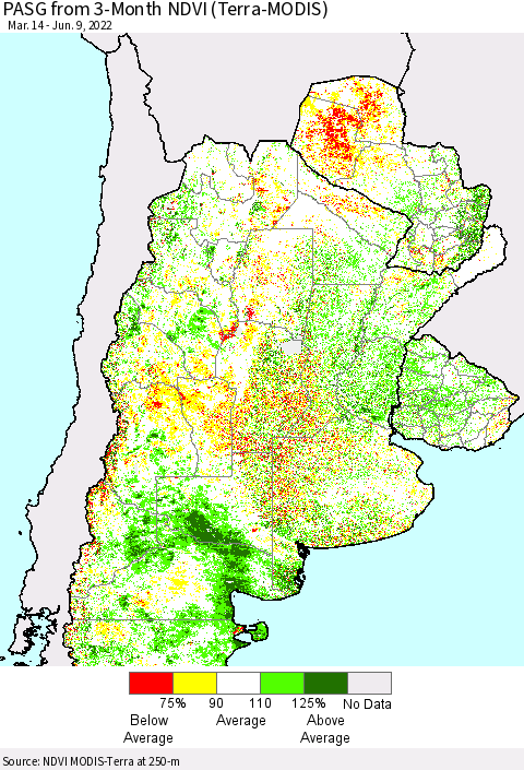 Southern South America PASG from 3-Month NDVI (Terra-MODIS) Thematic Map For 6/2/2022 - 6/9/2022
