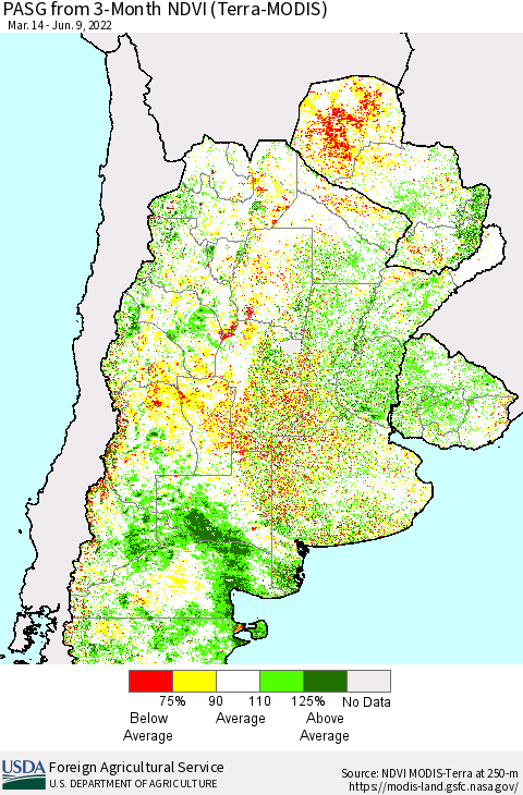 Southern South America PASG from 3-Month NDVI (Terra-MODIS) Thematic Map For 6/1/2022 - 6/10/2022