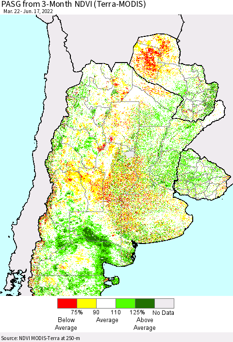 Southern South America PASG from 3-Month NDVI (Terra-MODIS) Thematic Map For 6/10/2022 - 6/17/2022
