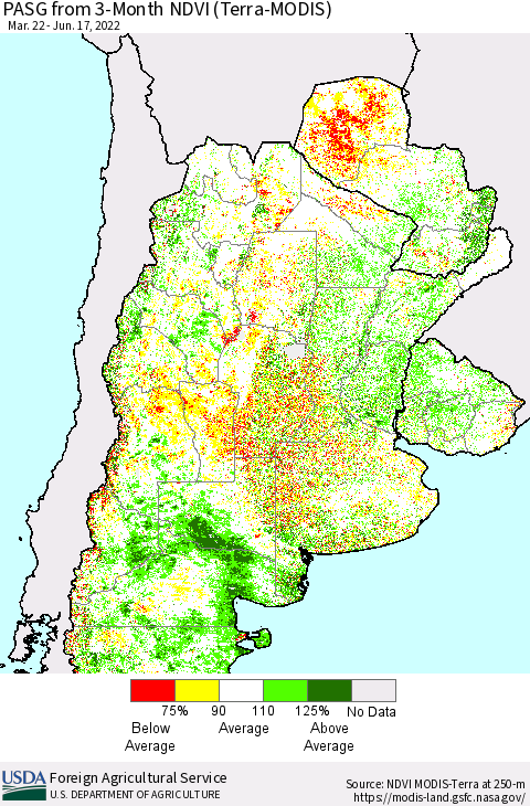Southern South America PASG from 3-Month NDVI (Terra-MODIS) Thematic Map For 6/11/2022 - 6/20/2022