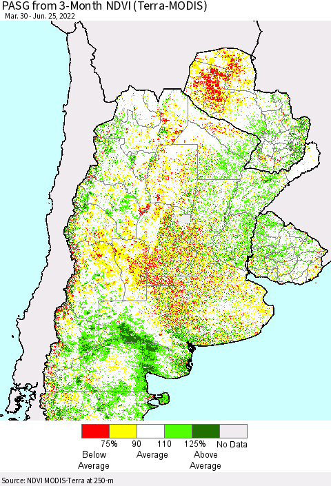 Southern South America PASG from 3-Month NDVI (Terra-MODIS) Thematic Map For 6/18/2022 - 6/25/2022
