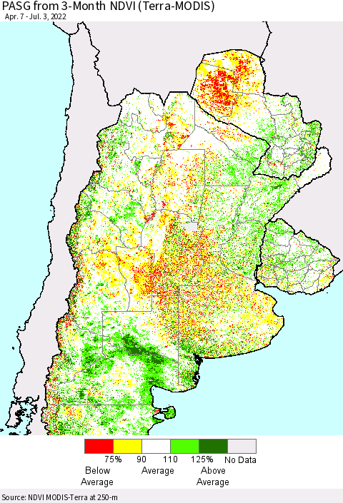 Southern South America PASG from 3-Month NDVI (Terra-MODIS) Thematic Map For 6/26/2022 - 7/3/2022