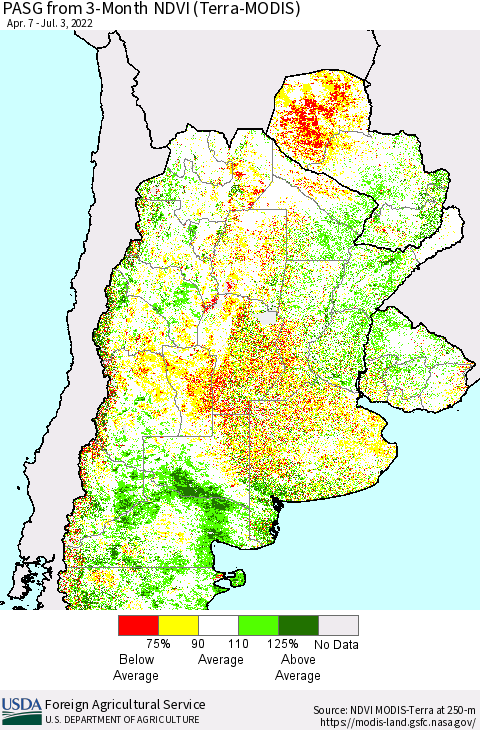 Southern South America PASG from 3-Month NDVI (Terra-MODIS) Thematic Map For 7/1/2022 - 7/10/2022
