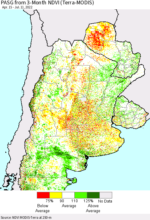 Southern South America PASG from 3-Month NDVI (Terra-MODIS) Thematic Map For 7/4/2022 - 7/11/2022