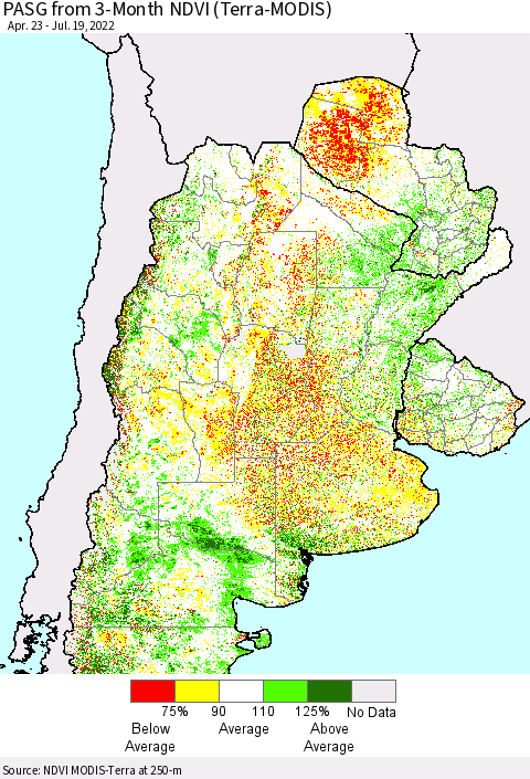 Southern South America PASG from 3-Month NDVI (Terra-MODIS) Thematic Map For 7/12/2022 - 7/19/2022