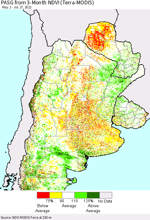 Southern South America PASG from 3-Month NDVI (Terra-MODIS) Thematic Map For 7/20/2022 - 7/27/2022