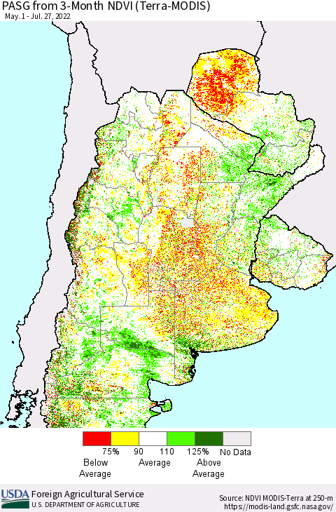 Southern South America PASG from 3-Month NDVI (Terra-MODIS) Thematic Map For 7/21/2022 - 7/31/2022