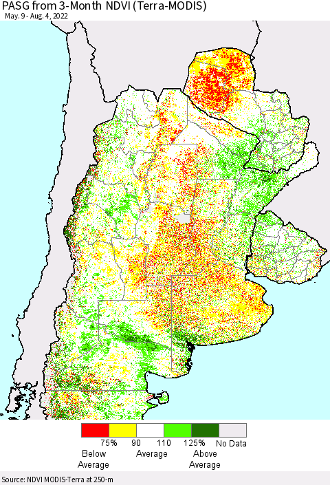 Southern South America PASG from 3-Month NDVI (Terra-MODIS) Thematic Map For 7/28/2022 - 8/4/2022