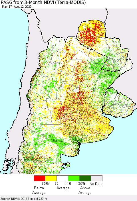 Southern South America PASG from 3-Month NDVI (Terra-MODIS) Thematic Map For 8/5/2022 - 8/12/2022