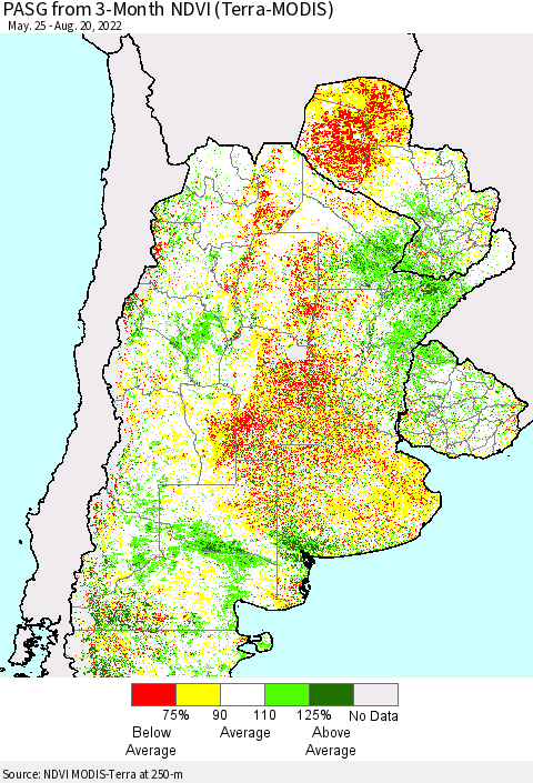 Southern South America PASG from 3-Month NDVI (Terra-MODIS) Thematic Map For 8/11/2022 - 8/20/2022