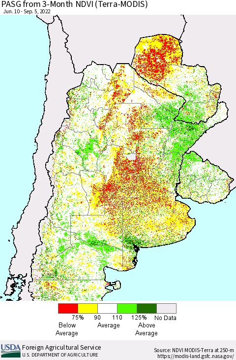 Southern South America PASG from 3-Month NDVI (Terra-MODIS) Thematic Map For 9/1/2022 - 9/10/2022