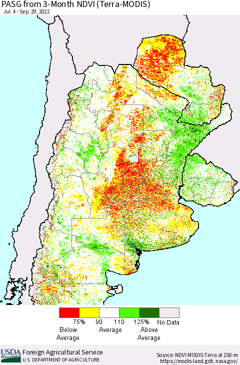Southern South America PASG from 3-Month NDVI (Terra-MODIS) Thematic Map For 9/21/2022 - 9/30/2022