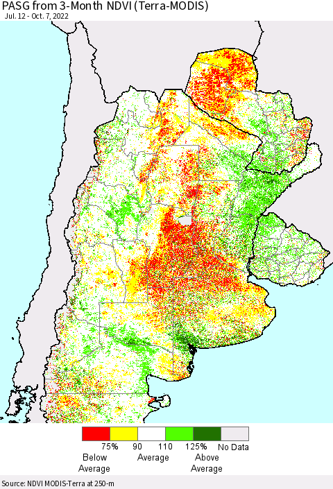 Southern South America PASG from 3-Month NDVI (Terra-MODIS) Thematic Map For 9/30/2022 - 10/7/2022