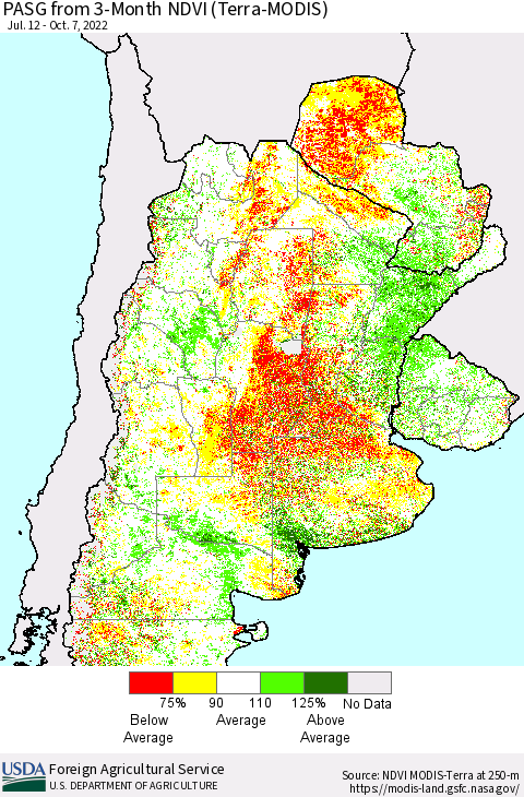 Southern South America PASG from 3-Month NDVI (Terra-MODIS) Thematic Map For 10/1/2022 - 10/10/2022