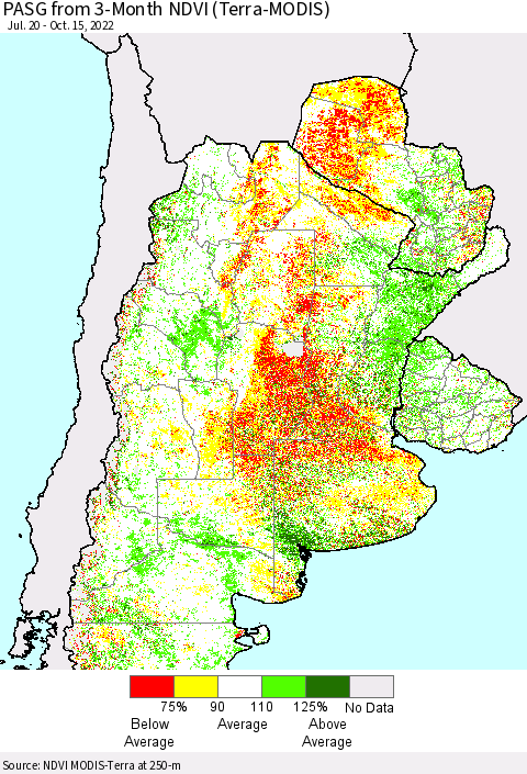 Southern South America PASG from 3-Month NDVI (Terra-MODIS) Thematic Map For 10/8/2022 - 10/15/2022