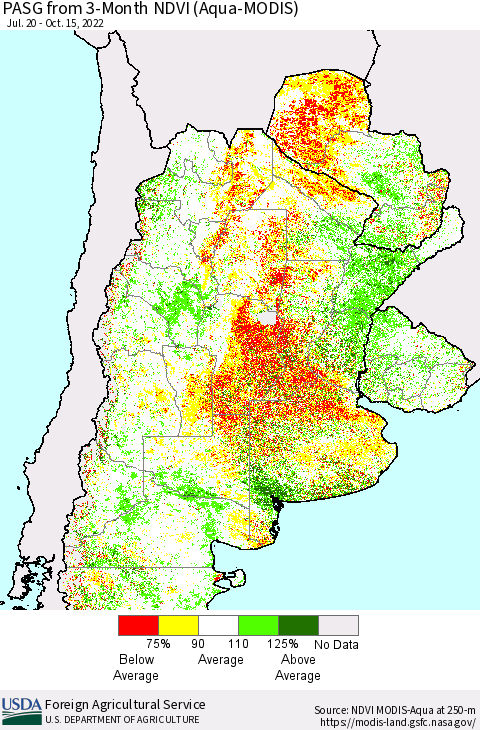 Southern South America PASG from 3-Month NDVI (Terra-MODIS) Thematic Map For 10/11/2022 - 10/20/2022