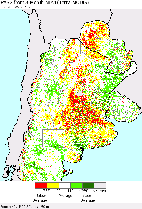 Southern South America PASG from 3-Month NDVI (Terra-MODIS) Thematic Map For 10/16/2022 - 10/23/2022