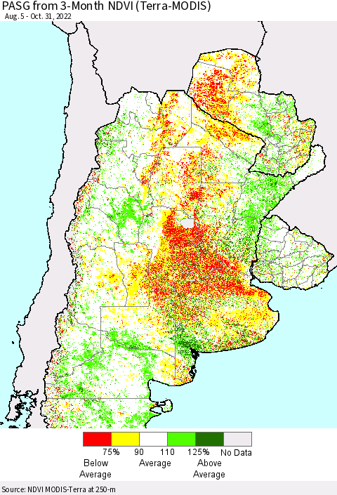 Southern South America PASG from 3-Month NDVI (Terra-MODIS) Thematic Map For 10/21/2022 - 10/31/2022