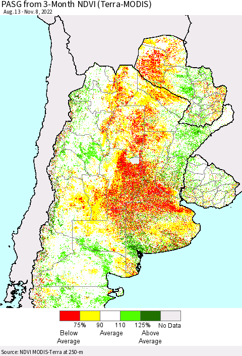Southern South America PASG from 3-Month NDVI (Terra-MODIS) Thematic Map For 11/1/2022 - 11/8/2022