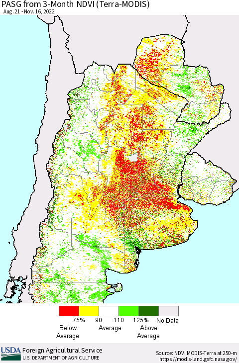 Southern South America PASG from 3-Month NDVI (Terra-MODIS) Thematic Map For 11/11/2022 - 11/20/2022