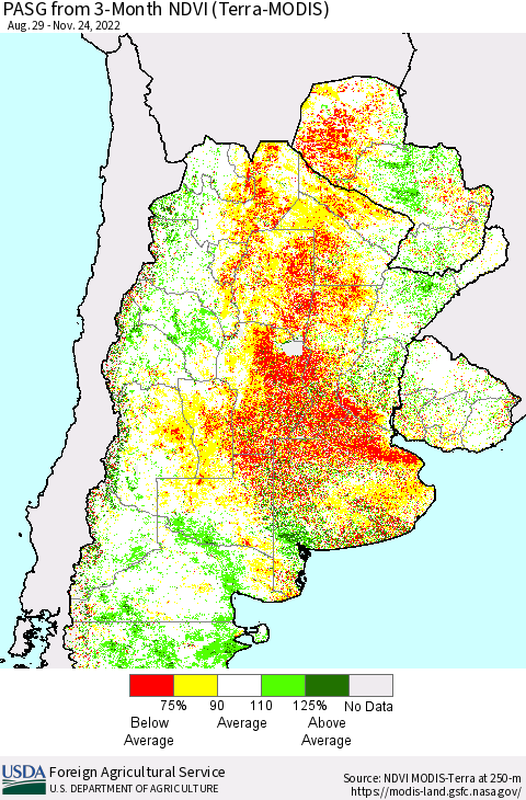 Southern South America PASG from 3-Month NDVI (Terra-MODIS) Thematic Map For 11/21/2022 - 11/30/2022
