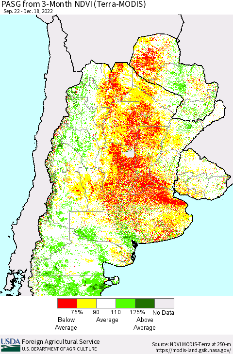 Southern South America PASG from 3-Month NDVI (Terra-MODIS) Thematic Map For 12/11/2022 - 12/20/2022