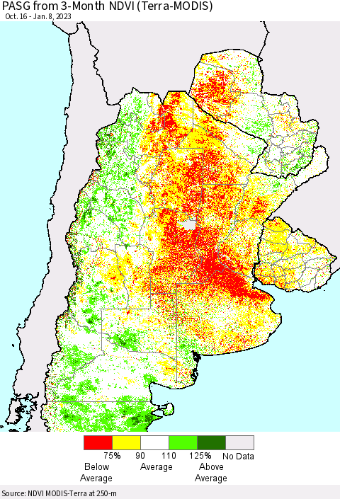 Southern South America PASG from 3-Month NDVI (Terra-MODIS) Thematic Map For 1/1/2023 - 1/8/2023