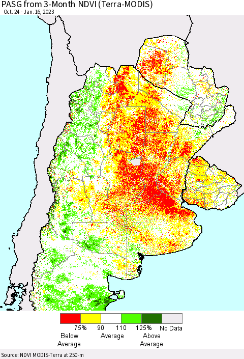 Southern South America PASG from 3-Month NDVI (Terra-MODIS) Thematic Map For 1/9/2023 - 1/16/2023