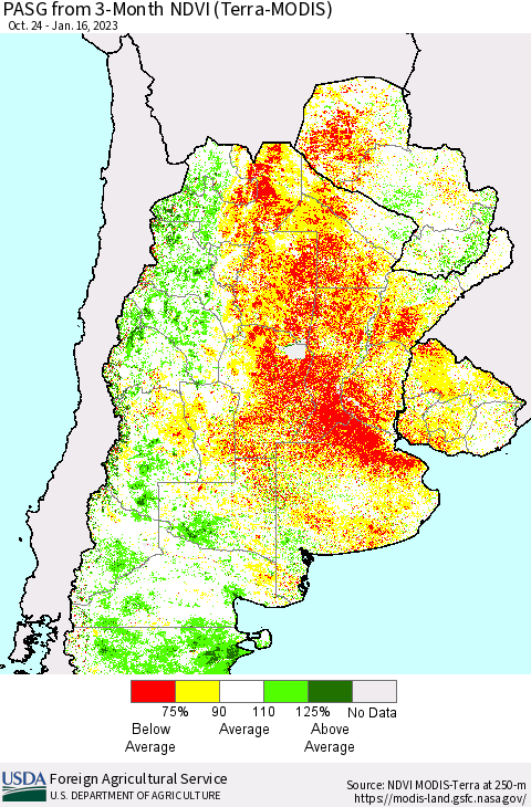 Southern South America PASG from 3-Month NDVI (Terra-MODIS) Thematic Map For 1/11/2023 - 1/20/2023