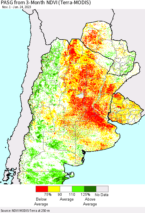 Southern South America PASG from 3-Month NDVI (Terra-MODIS) Thematic Map For 1/17/2023 - 1/24/2023