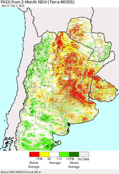Southern South America PASG from 3-Month NDVI (Terra-MODIS) Thematic Map For 1/25/2023 - 2/1/2023