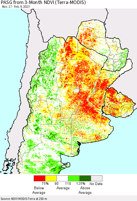Southern South America PASG from 3-Month NDVI (Terra-MODIS) Thematic Map For 2/2/2023 - 2/9/2023